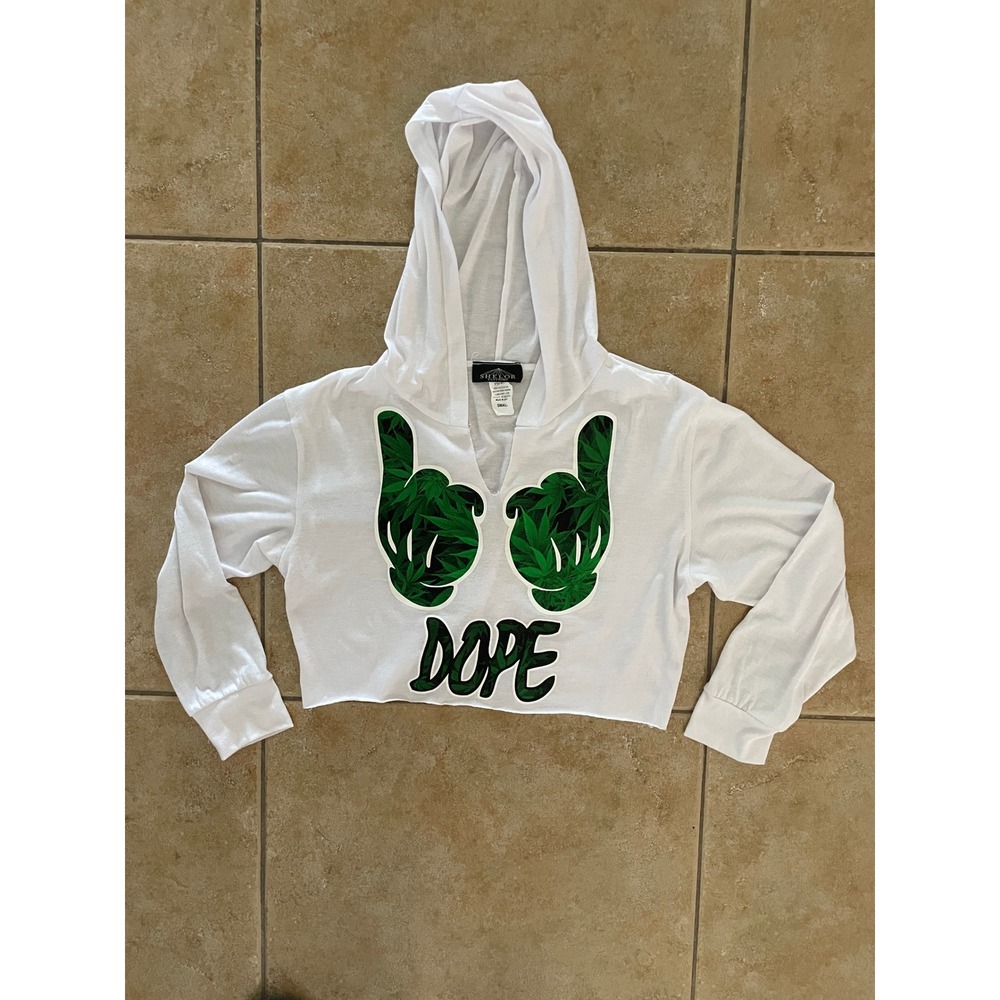White Cropped Hooded Shirt Green Cannabis Leaf DOPE Graphic Size S (Made in USA)